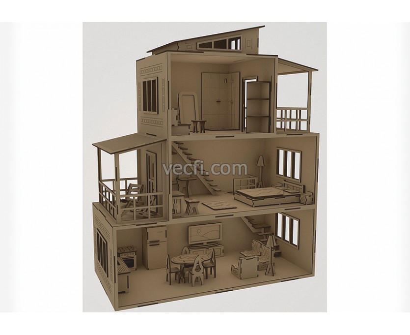 Dollhouse with furniture laser cut vector