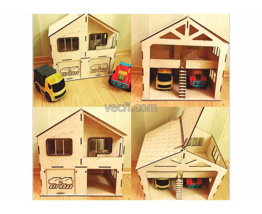 Toy house with a garage for cars laser cut vector